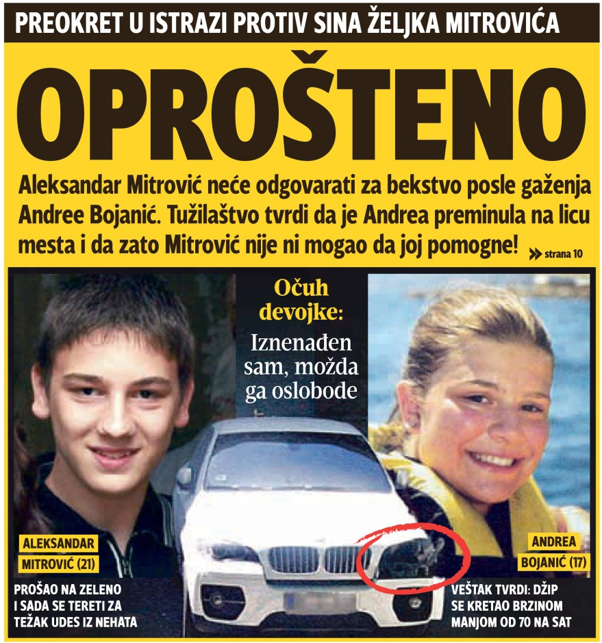 НАПРЕДНА ПРАВДА: Тужилаштво неће гонити сина Жељка Митровића пошто је побегао са лица места након што је убио Андреу Бојанић
