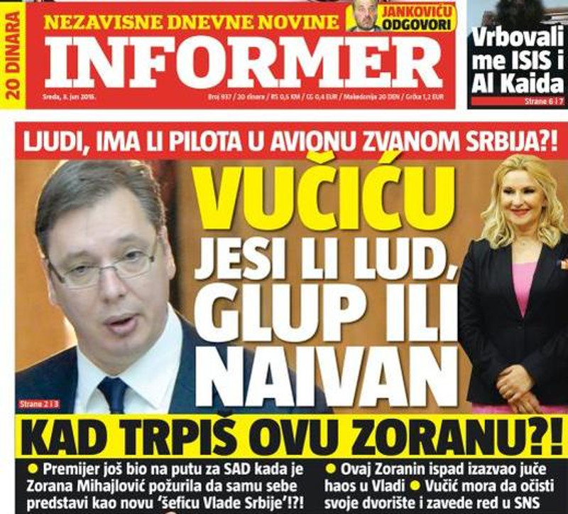 Зорана Михајловић: Насловна страна данашњег "Информера" не заслужује мој коментар