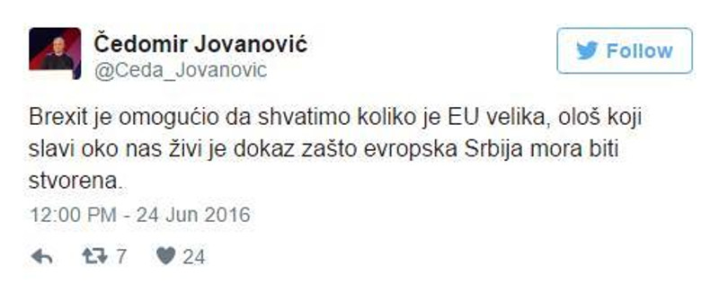 Чедомир Јовановић: "Олош која слави Брегзит је главни доказ да Србија мора у ЕУ"