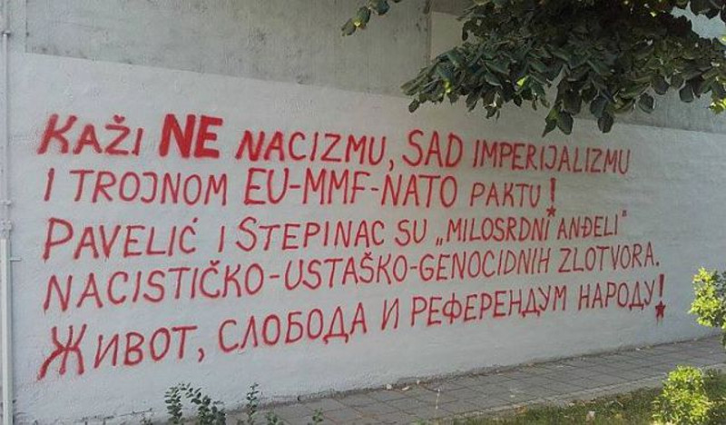 НОВИ САД: Графит против ЕУ, ММФ и НАТО трећи пут на Српском народном позоришту
