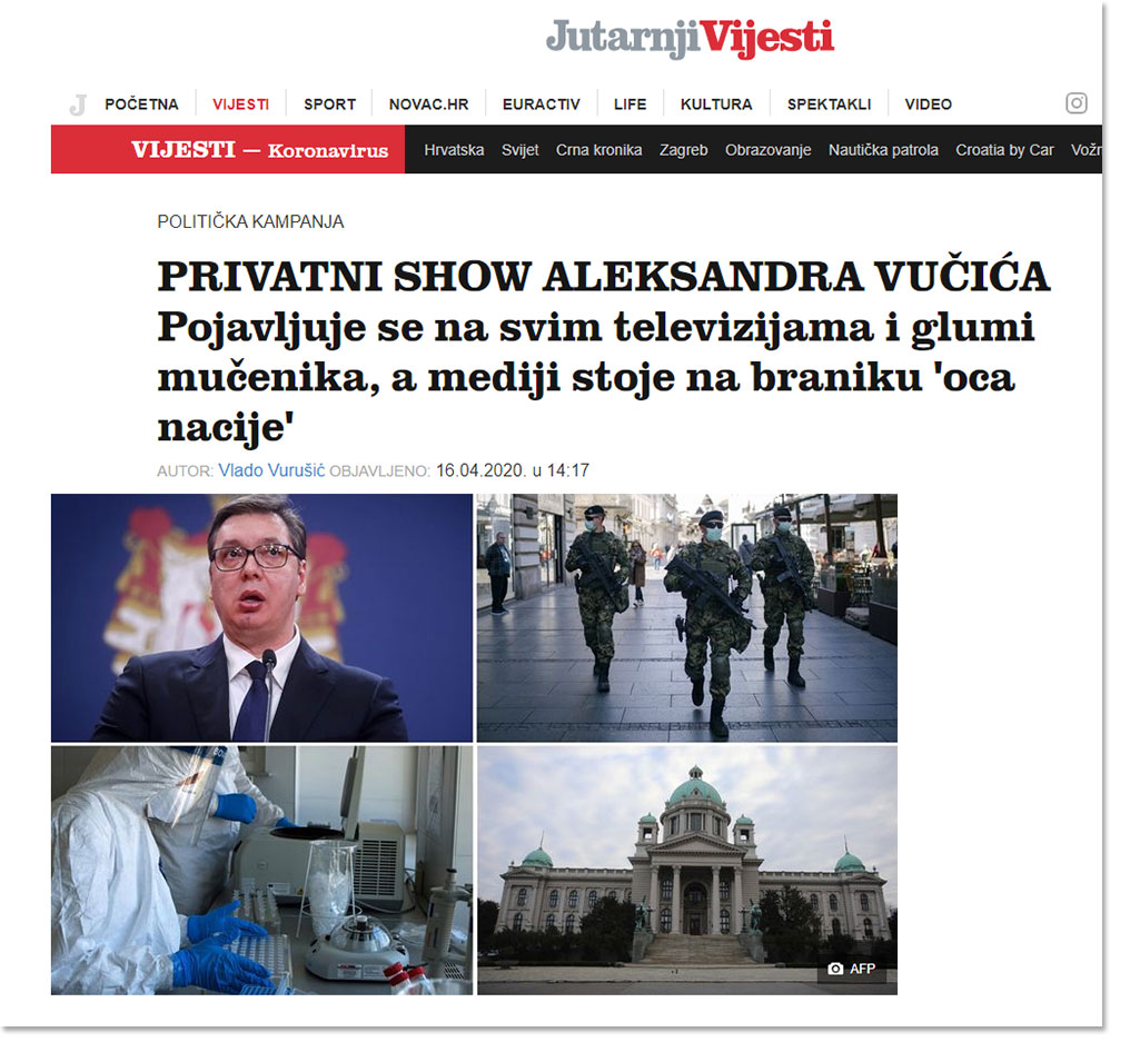 Јутарњи лист: Србија je приватни шоу Александра Вучића који на свим телевизијама глуми мученика, а медији стоје на бранику „оца нације“