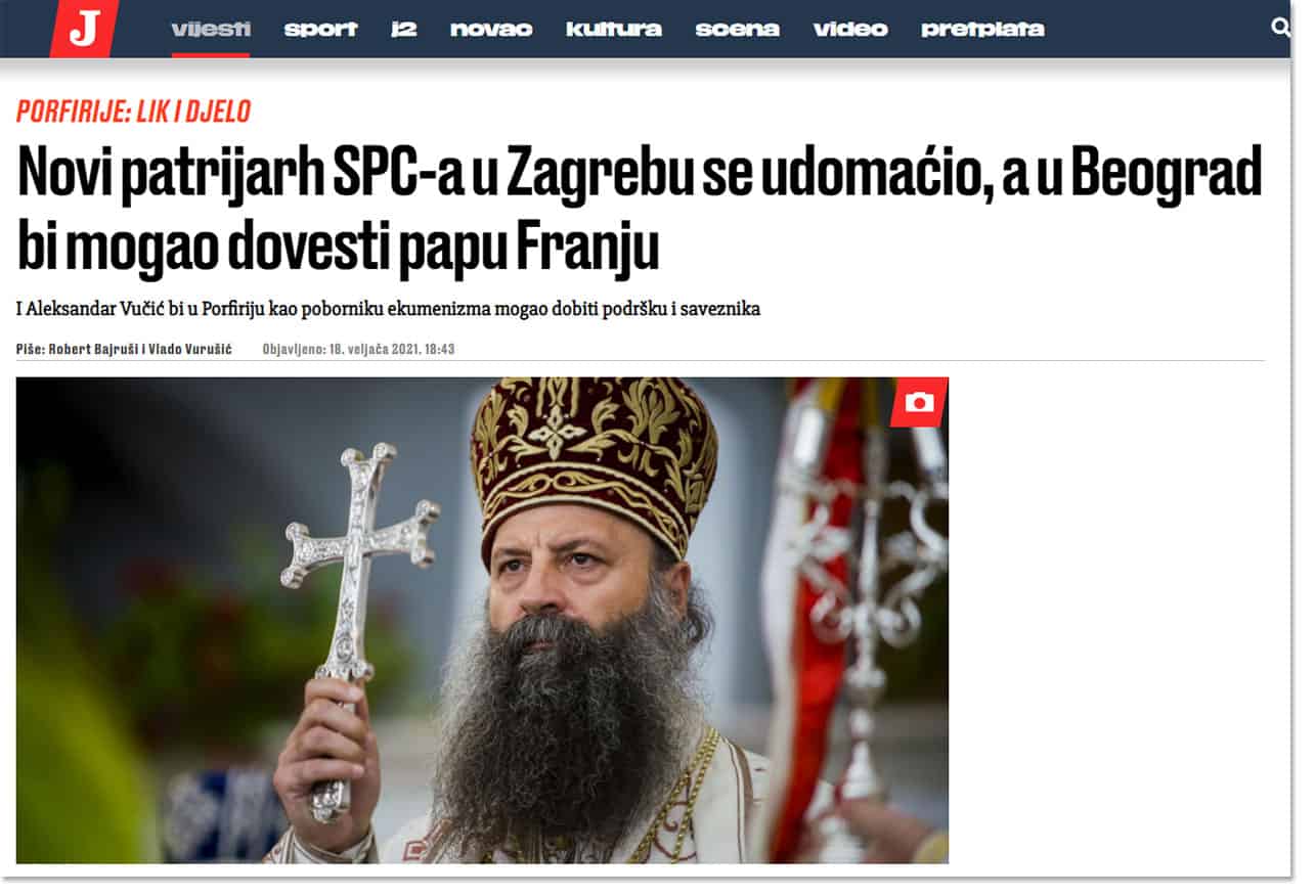 "Јутарњи лист": Нови патријарх СПЦ-а у Загребу се удомаћио, а у Београд би могао довести папу Фрању