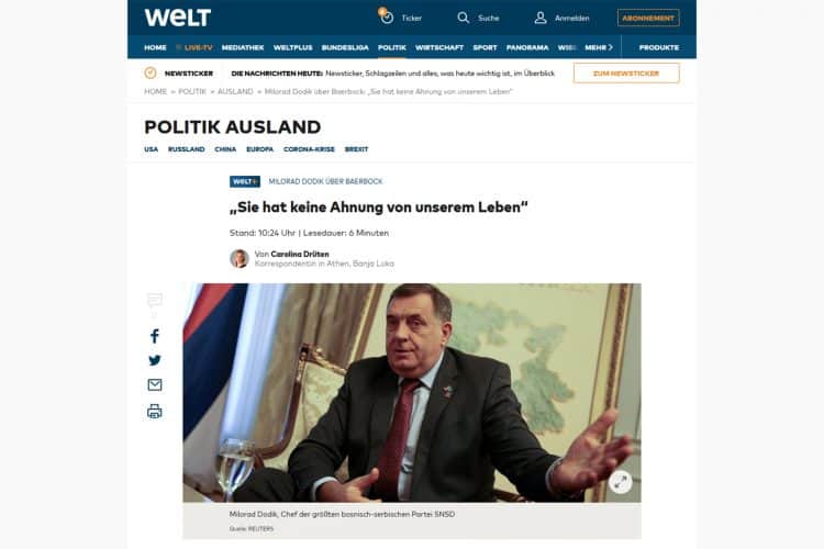 Додик немачком Die Welt: Због чега Немачка, или било ко други, треба да влада БиХ?